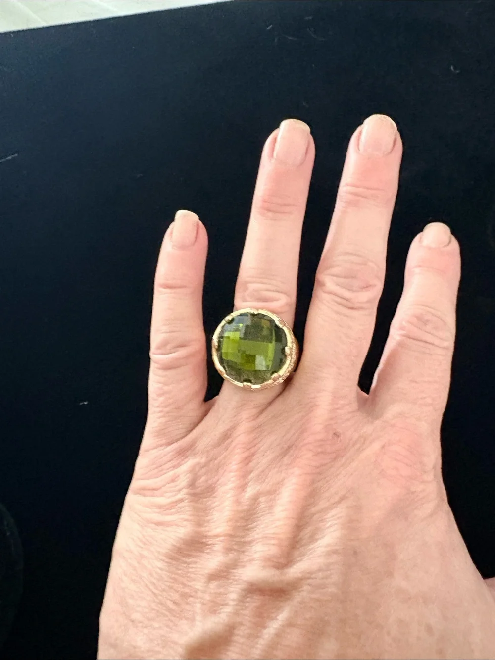 Heavy Crown Gold-Tone Statement Ring with Dark Green Stone